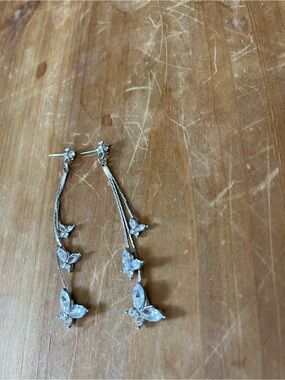 Delicate Silver-Tone Butterfly Drop Earrings - Sparkling Clear Stones